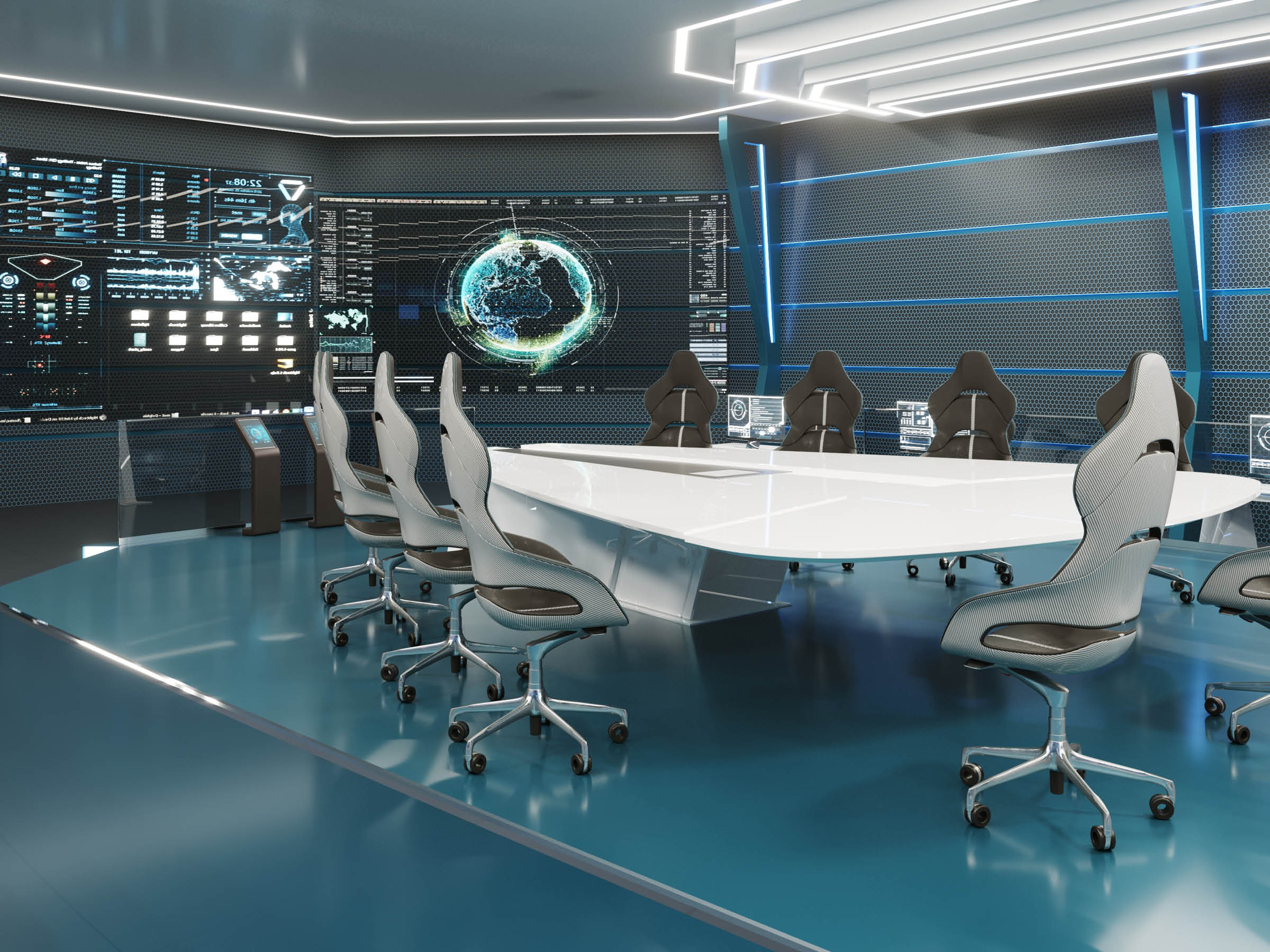 Command center, conference room, concept design, big displays with big desk in center, 3D rendering; Shutterstock ID 1187223469; purchase_order: -; name: -; client: -