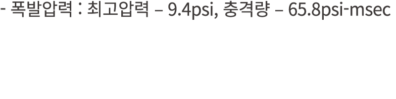  폭발압력 : 최고압력 – 9.4psi, 충격량 – 65.8psi msec