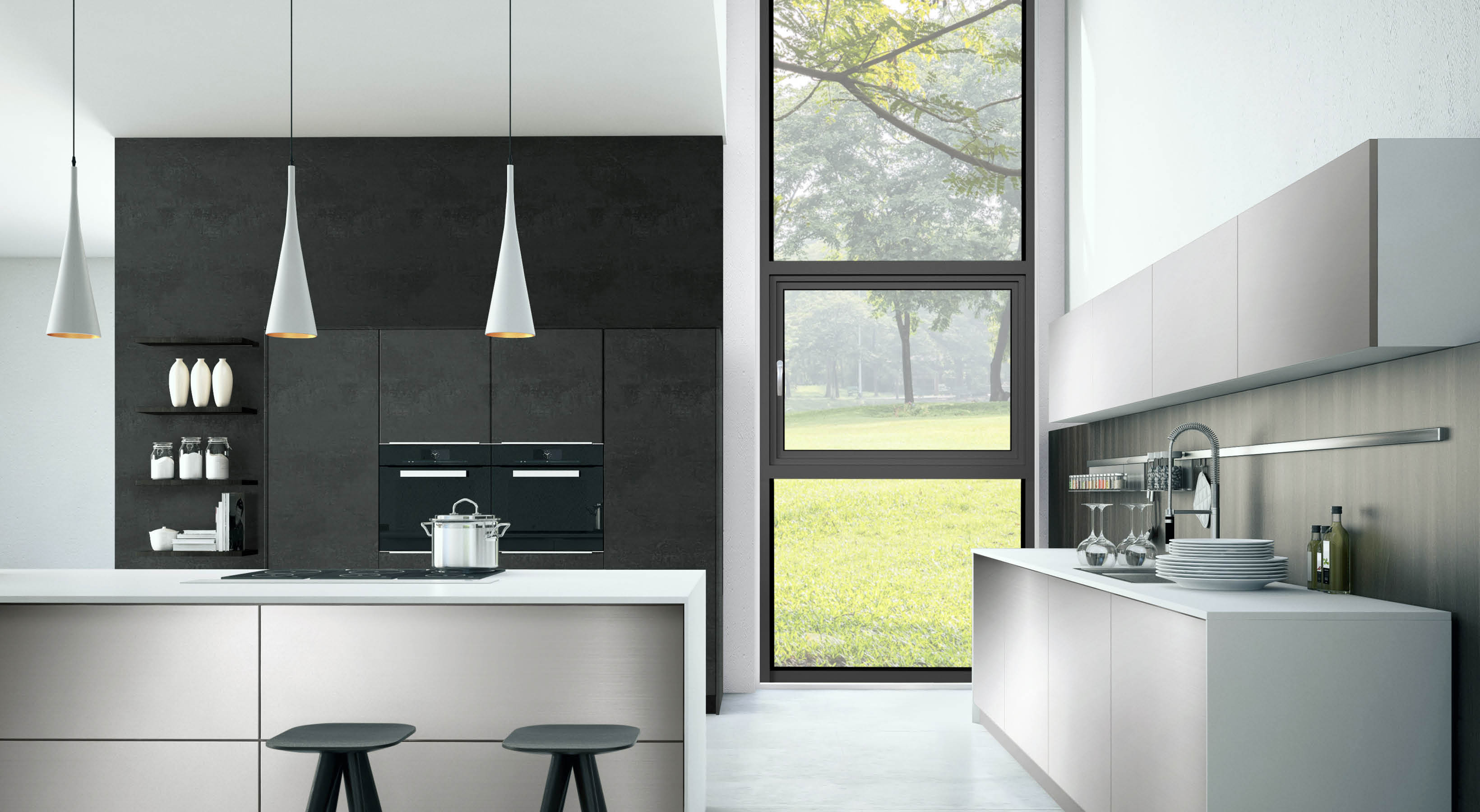 Modern, bright, clean, kitchen interior with stainless steel appliances in a luxury house.