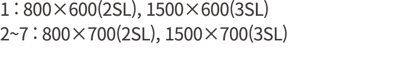1 : 800×600(2SL), 1500×600(3SL) 2~7 : 800×700(2SL), 1500×700(3SL)